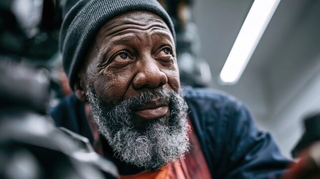 Mature male mechanic with graying beard and beanie working in an industrial workshop