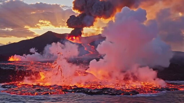 Volcanic Eruption at Sunset: A spectacular volcanic eruption spews smoke and lava into the sky during a breathtaking sunset, creating a dramatic natural phenomenon.