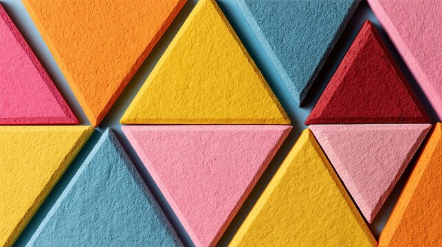 Textured equilateral triangles in warm red orange yellow pink and light blue arranged on light blue background creates bright modern abstract geometric pattern