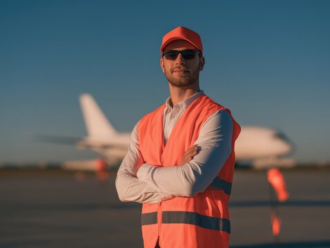 Airport ground crew member in high-visibility vest and cap stands on the tarmac at sunset, with a blurred airplane in the background.