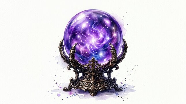 A mystical purple crystal ball glowing with magical energy sitting on an ornate dark metal stand isolated