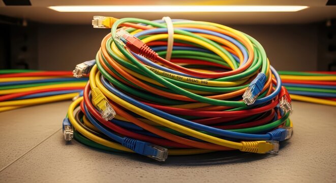 A tangled bundle of colorful ethernet network cables with RJ45 connectors, organized in a server room with linear lighting.