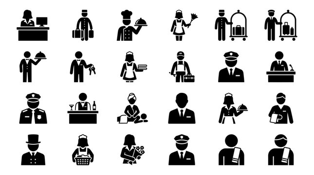 Hotel staff icon set and hospitality occupation symbols showing receptionist desk, bellhop luggage trolley and professional chef service, representing guest hospitality and customer support