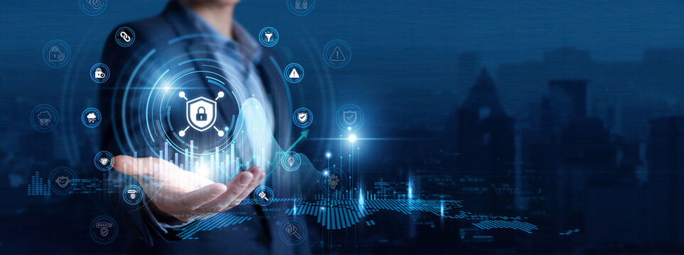 Security Officer Hand Hold Cybersecurity and Threat Defense global networking data. Network Protection, Firewalls, Vulnerability Scanning, Data Encryption