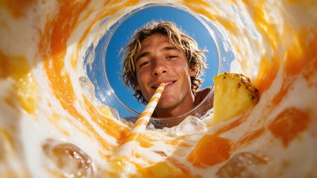 Surfer guy sipping tropical mango pi&ntilde;a colada smoothie, fisheye view from inside glass &mdash; ideal for tropical beverage advertising, beach lifestyle, and summer drink marketing