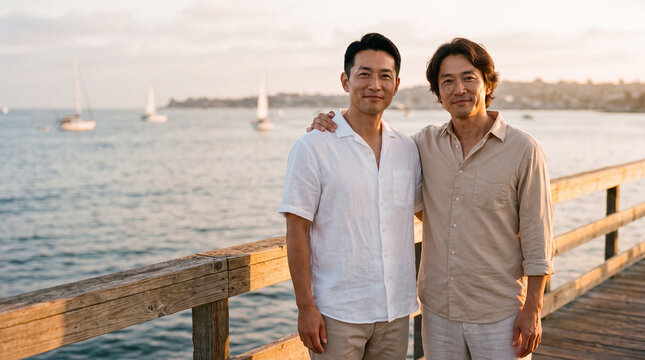夕暮れの海辺で肩を組み笑顔を見せる男性二人 | 広い左余白