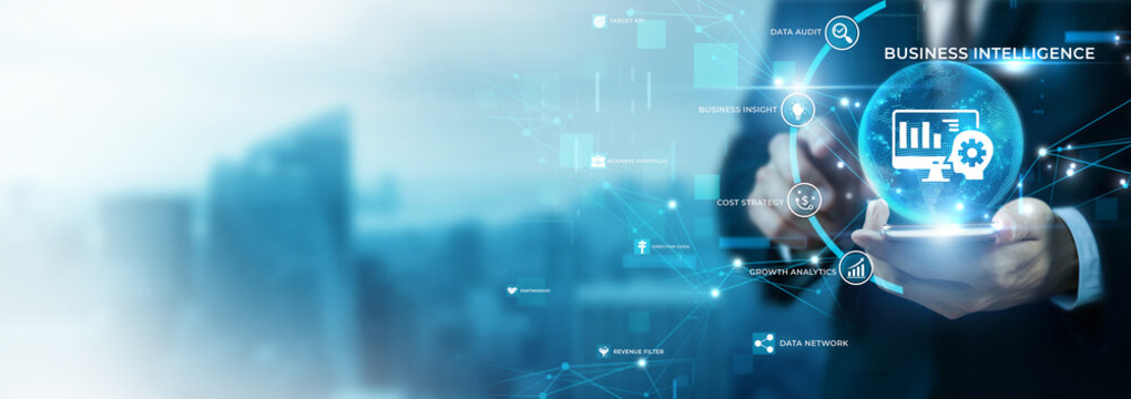 Businessman Using Phone for Business Intelligence and Global Data Analysis. BI Corporate Reporting, Strategic Executive Dashboard, Smart Enterprise Insights, Market Performance Tracking, BI Tech