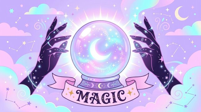 Mystical crystal ball held by dark hands with a magic banner on a pastel purple celestial background