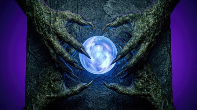 Creepy monster hands emerging from dark stone walls to hold a glowing magical blue orb of energy