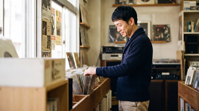 レコード店でお気に入りの一枚を探す大人の男性 | 自然光