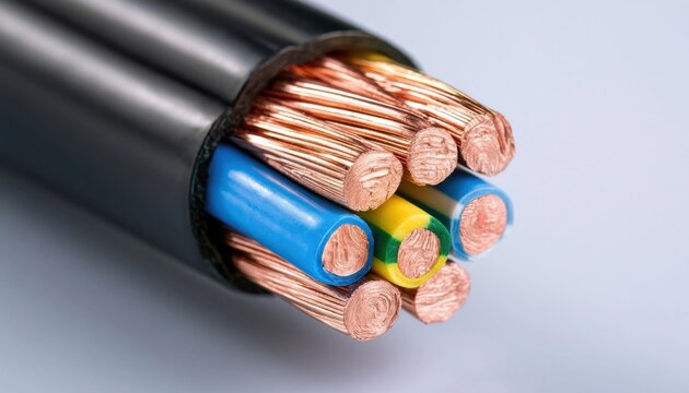 Cut electrical cable with exposed copper wires and colored insulation