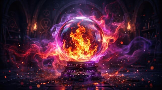 A mystical crystal ball glowing with intense magical fire and swirling purple smoke in a dark fantasy setting