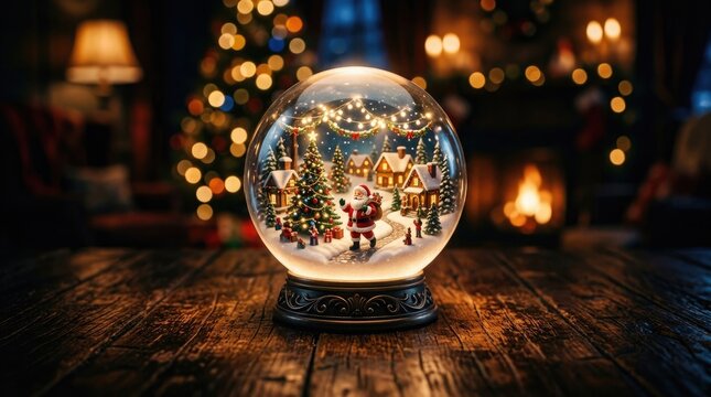 A magical glowing christmas snow globe sitting on a rustic wooden table in a cozy festive living room