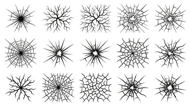 Collection of fifteen different black and white vector illustrations depicting various shattered glass and cracked surface patterns