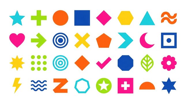 Set of colorful geometric shapes and abstract icons for graphic design and user interface web elements collection