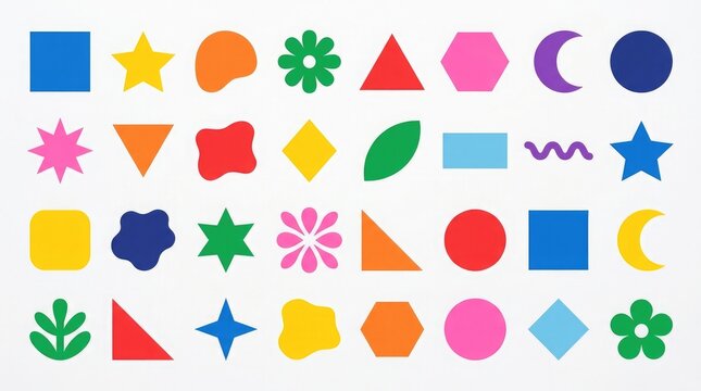 Collection of various colorful geometric shapes and abstract symbols arranged in a neat grid pattern on white background