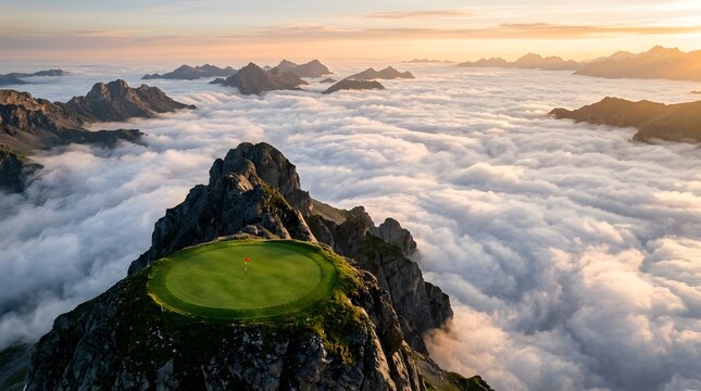 Surreal golf green on mountain peak above clouds, majestic alpine landscape at sunset with golden light. High altitude golf course putting green on rocky summit