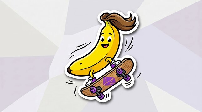 Sticker style cartoon illustration of a happy yellow banana character with a trendy brown pompadour hairstyle riding a skateboard on a light geometric background, vibrant design.