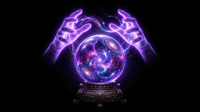 Mystical glowing crystal ball being held by two magical purple energy hands isolated on a black background