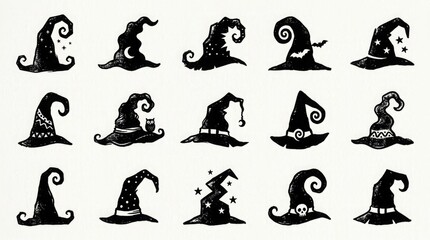 Fototapeta premium Set of hand drawn spooky witch hat silhouettes for halloween decorations and festive graphic design elements collection
