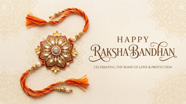 Happy raksha bandhan celebrating bond of love and protection with golden rakhi on a cream background.