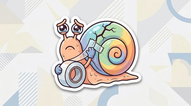 Vector illustration of a sad cartoon snail with large watery eyes attempting to repair its cracked pastel-colored spiral shell using a roll of silver adhesive duct tape.