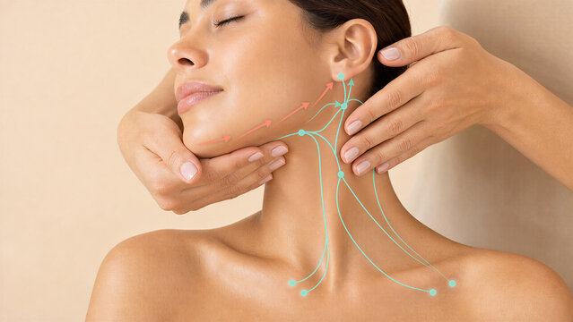 Massage therapist performing lymphatic drainage massage on woman face and neck. Skin care procedure with diagram of lymph nodes flow. Beauty treatment, rejuvenation and health concept.