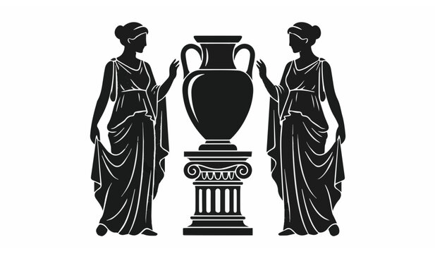 Classical Greek women silhouette standing with antique amphora urn on column vector illustration