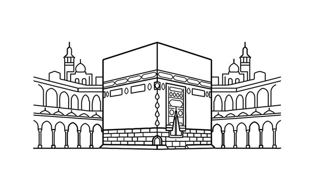 Kaaba in Mecca line art vector outline illustration Islamic holy mosque landmark