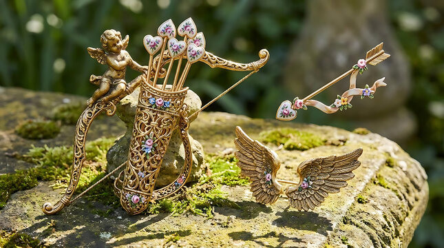 Golden cupid and archery themed jewelry on stone.