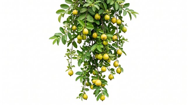 Fresh yellow guava fruit hanging on green leafy branches, tropical guava tree with ripe organic fruits, exotic orchard harvest isolated PNG with Transparent Background