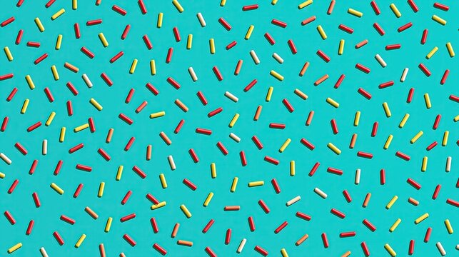 Small red yellow and white capsule shaped objects scattered randomly on bright turquoise blue background creates a fun repeating abstract geometric decorative pattern