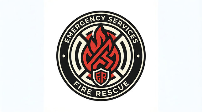Emergency services fire rescue badge emblem design with flame icon and shield