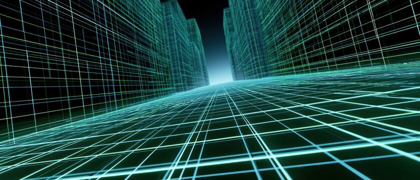 Digital cityscape wireframe with neon grid perspective