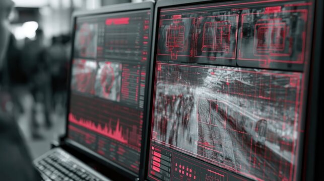 Cybersecurity monitors displaying red digital data and surveillance feeds