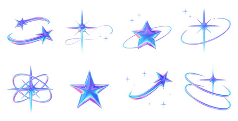 Y2K Holographic Iridescent Chrome Icon Collection - Sparkle Orbit Icon Set - Transparent 3D PNG Elements © 3Dfun