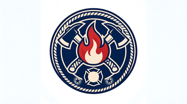 Circular firefighter department emblem logo featuring crossed axes and flame