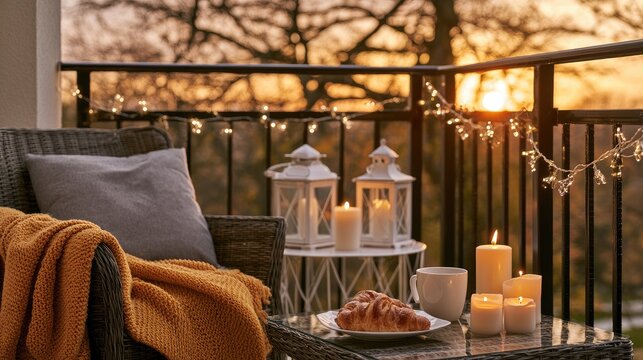 Close up of an autumn balcony with wicker chair, croissants, coffee, and candles during golden hour
