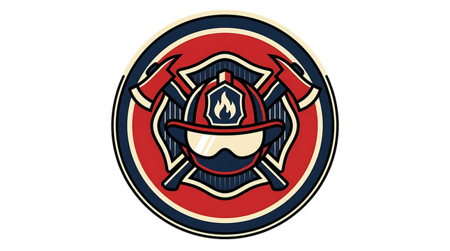 Fire department emblem logo featuring a firefighter helmet and crossed axes inside a circular badge