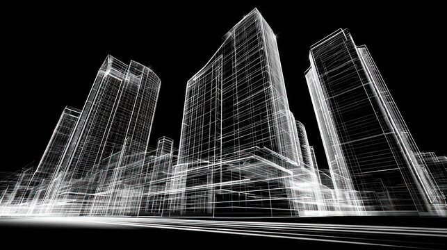 Abstract wireframe cityscape with modern skyscrapers and light streaks