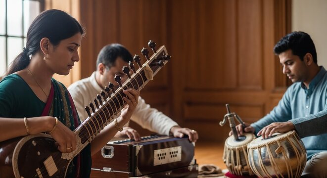Indian classical musicians tuning instruments in a serene environment, showcasing traditional instruments including sitar, harmonium, and tabla.