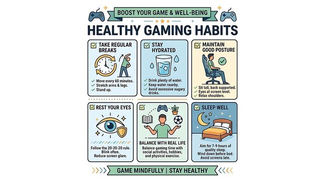 Healthy gaming habits infographic for physical and mental wellness