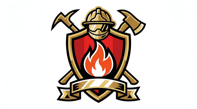 Fire Rescue Department Shield Emblem with Firefighter Helmet, Crossed Axes, and Flame Logo for Emergency Services