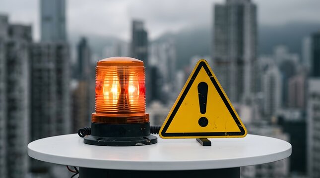 An orange emergency beacon light and a yellow warning triangle sign placed on a table overlooking city buildings