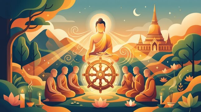 Buddha teaching dharma to monks outdoors.