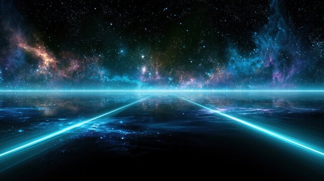 Vast nebula in deep space reflecting on a futuristic neon pathway