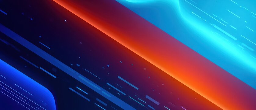 Abstract flowing diagonal lines of blue red and cyan light on a dark background