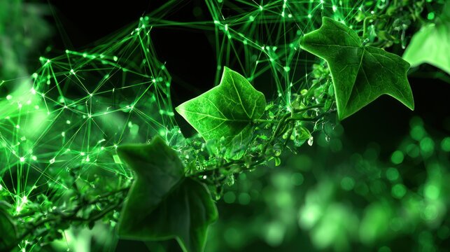 Green technology concept interconnected network lines weave through lush ivy leaves