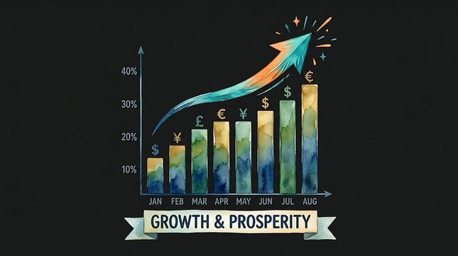 Upward business growth chart with currency symbols on black background