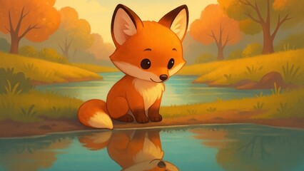 Fototapeta premium Adorable fox reflects by water wallpaper for desktop